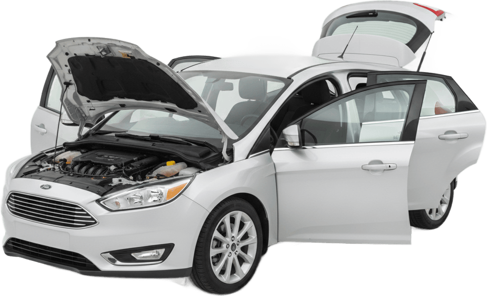 Illustration of a 2014-2017 Ford Focus five-door hatchback with the bonnet, both front doors and the tailgate open, showing the engine bay and interior